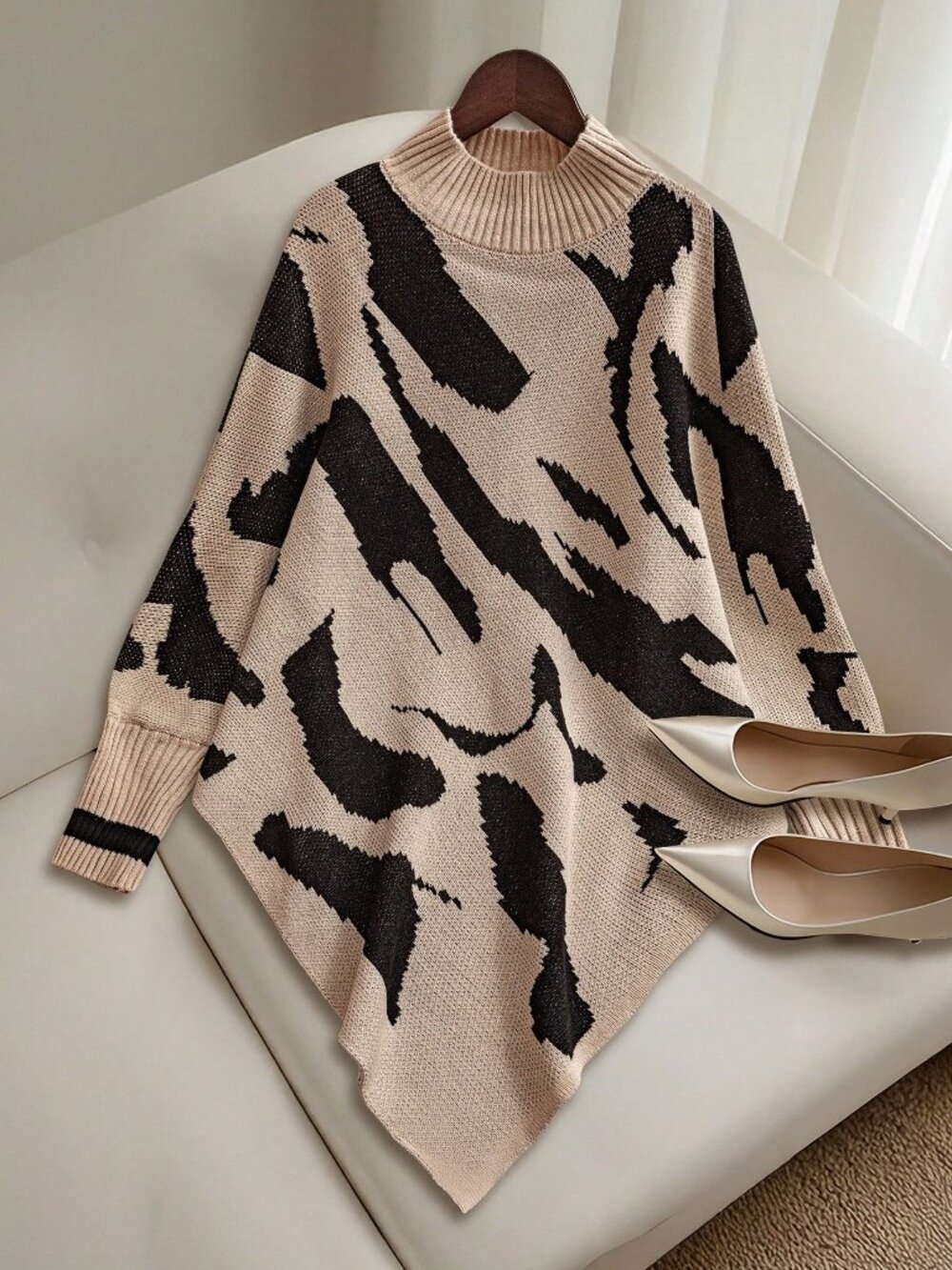 Khaki Casual Women's Bat Wing Collar Asymmetric Hem Knit Top